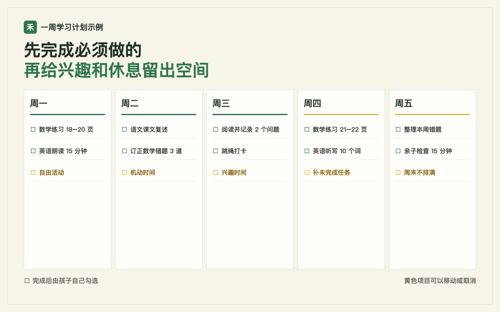 小学生一周学习计划表示例,包含数学、语文、英语、阅读、运动和机动时间